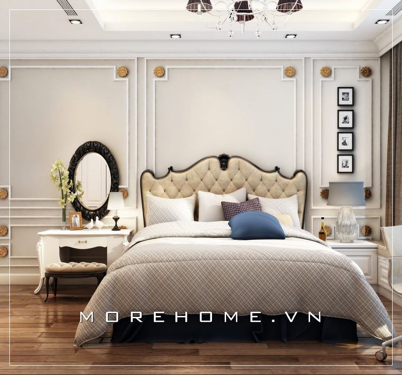 Mẫu giường ngủ gỗ tự nhiên cao cấp, phần đầu giường cách điệu bọc nỉ sang trọng tạo điểm nhấn hoàn mĩ cho không gian phòng ngủ của gia chủ